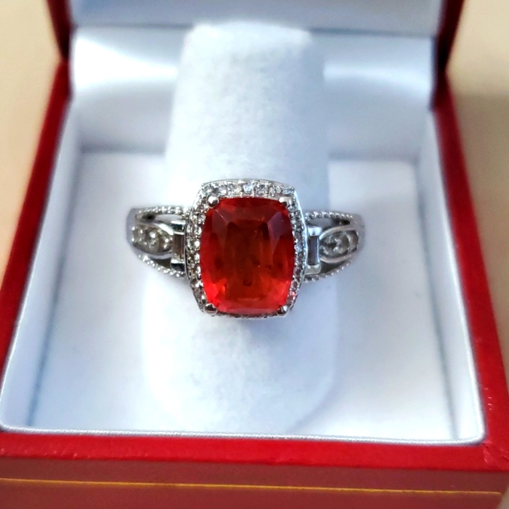 Fiery Elegance – Sterling Silver 925 Orange Cushion-Cut Ring
